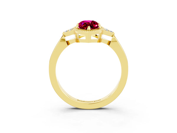 Yellow gold Marquise Cut Garnet Halo Ring with Tapered Band and Four-Prong Setting