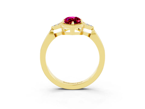 Yellow gold Marquise Cut Garnet Halo Ring with Tapered Band and Four-Prong Setting_3