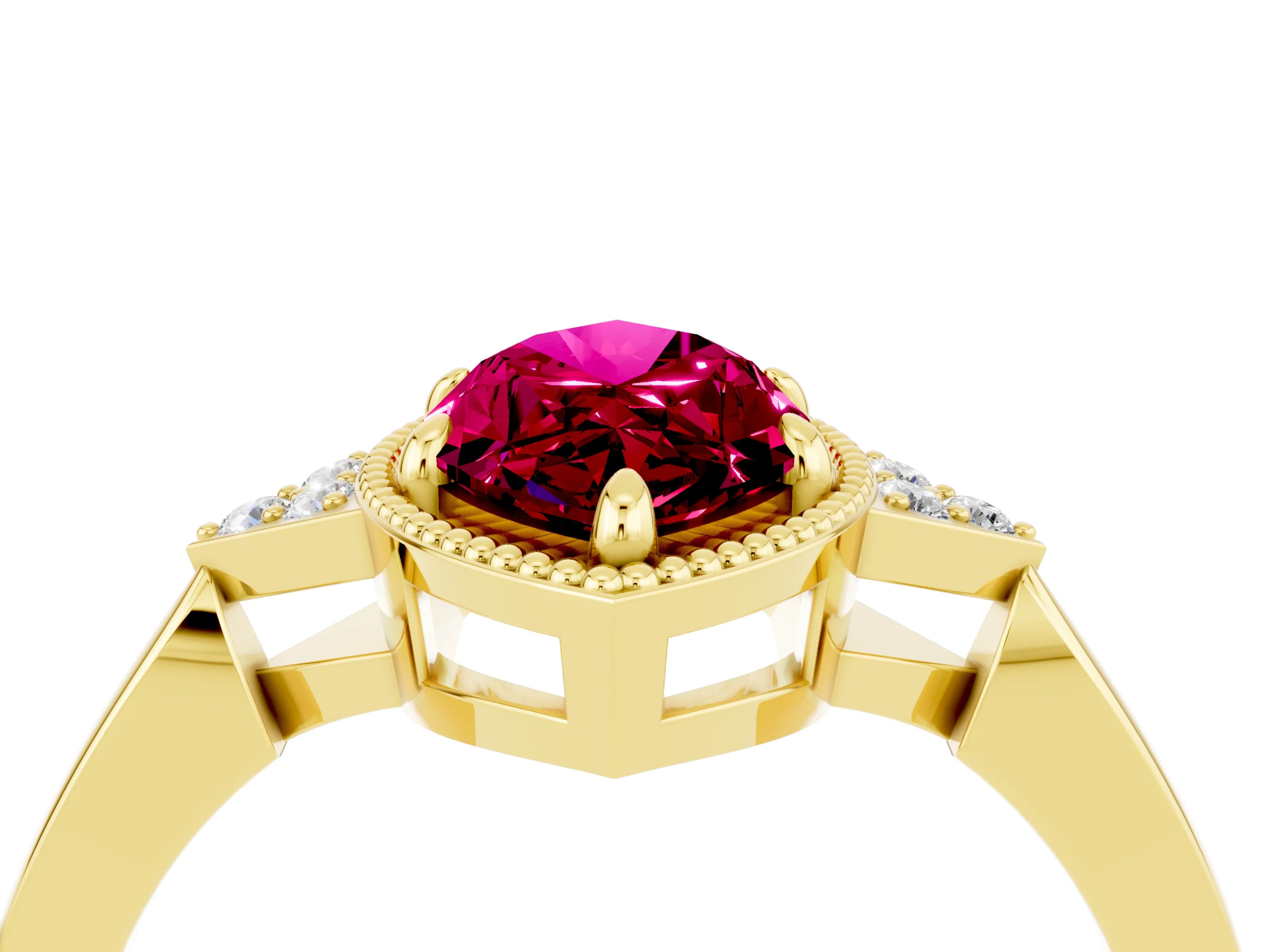 Yellow gold Marquise Cut Garnet Halo Ring with Tapered Band and Four-Prong Setting_4