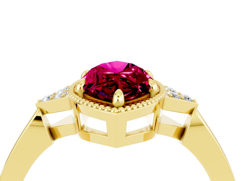 Yellow gold Marquise Cut Garnet Halo Ring with Tapered Band and Four-Prong Setting_4