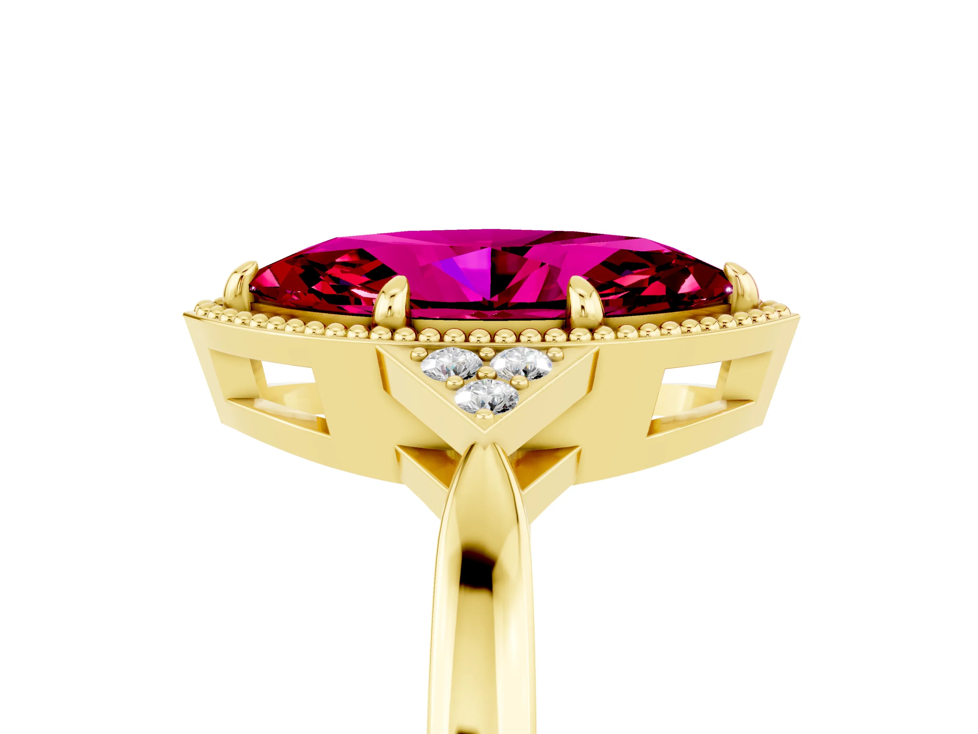 Yellow gold Marquise Cut Garnet Halo Ring with Tapered Band and Four-Prong Setting_5