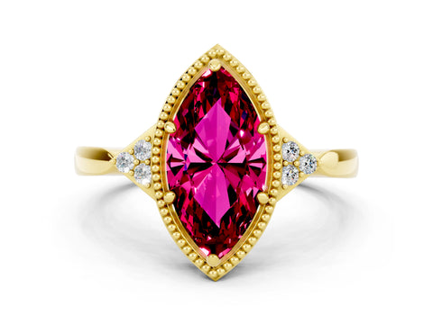 Yellow gold Marquise Cut Garnet Halo Ring with Tapered Band and Four-Prong Setting