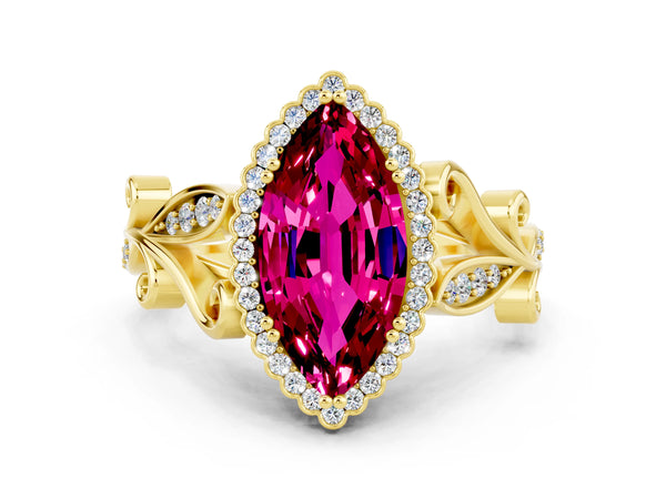 Yellow gold Marquise Cut Garnet Halo Ring with Vintage Split Shank and Four-Prong Setting