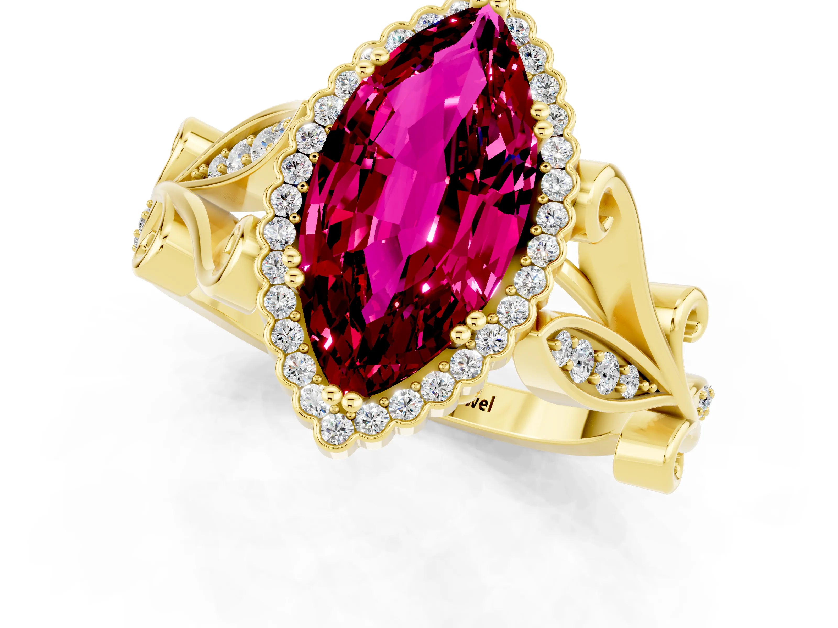 Yellow gold Marquise Cut Garnet Halo Ring with Vintage Split Shank and Four-Prong Setting_1