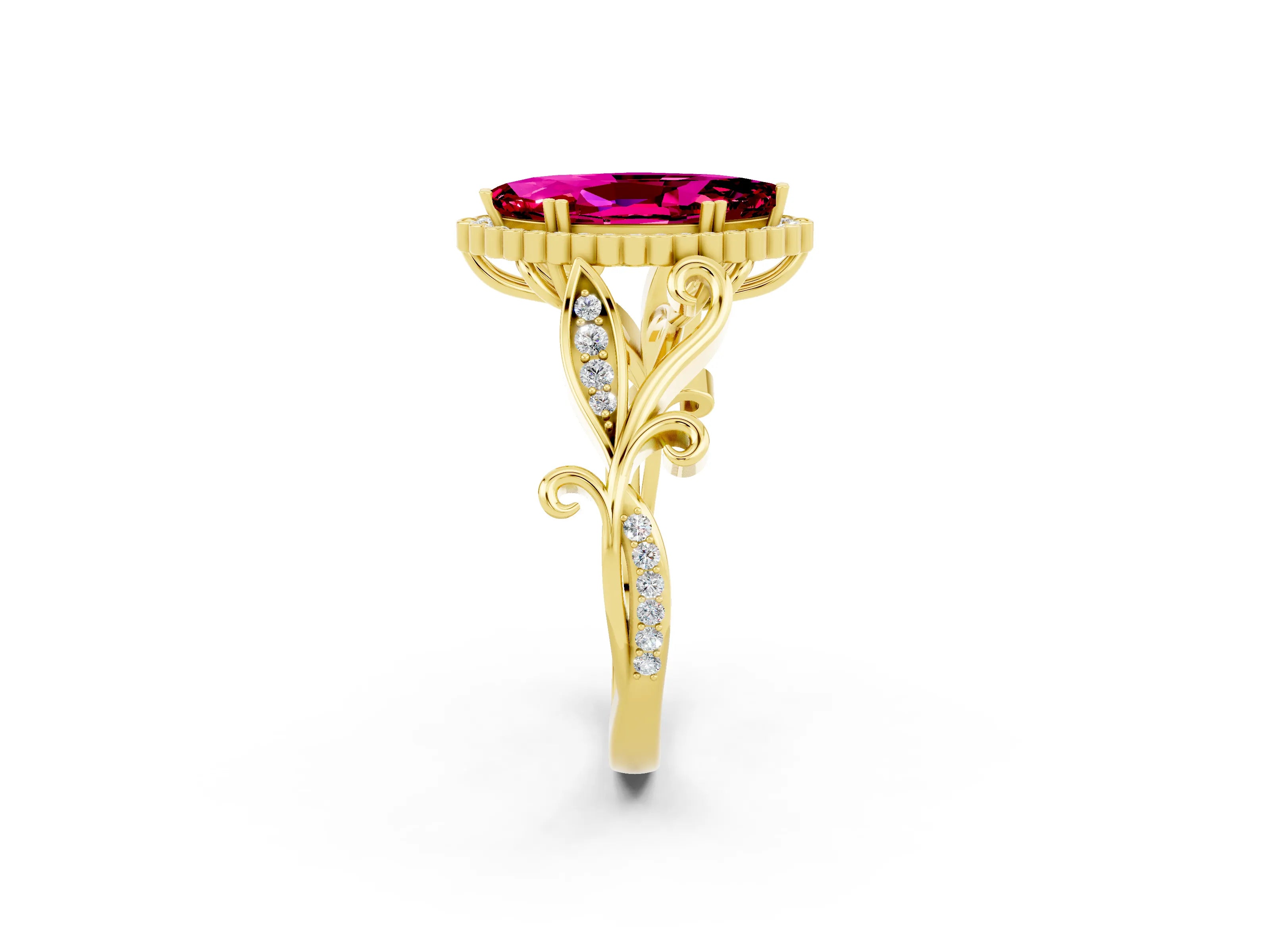 Yellow gold Marquise Cut Garnet Halo Ring with Vintage Split Shank and Four-Prong Setting_2