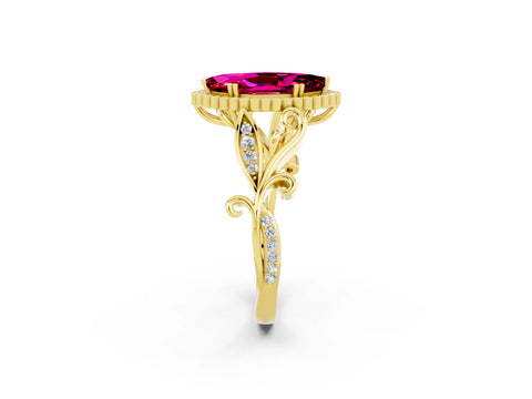 Yellow gold Marquise Cut Garnet Halo Ring with Vintage Split Shank and Four-Prong Setting_2