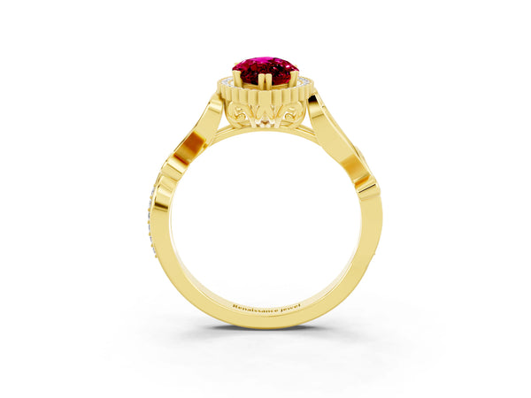 Yellow gold Marquise Cut Garnet Halo Ring with Vintage Split Shank and Four-Prong Setting