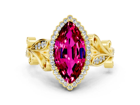 Yellow gold Marquise Cut Garnet Halo Ring with Vintage Split Shank and Four-Prong Setting