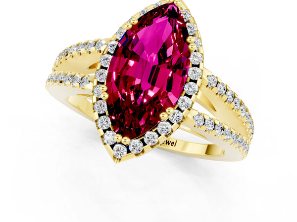 Yellow gold Marquise Cut Garnet Halo Split Shank Engagement Ring