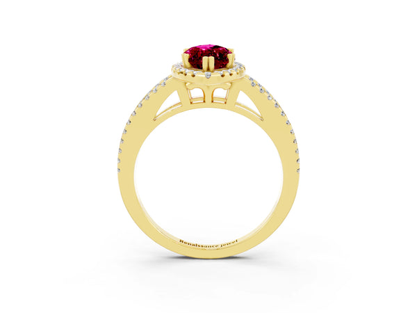 Yellow gold Marquise Cut Garnet Halo Split Shank Engagement Ring