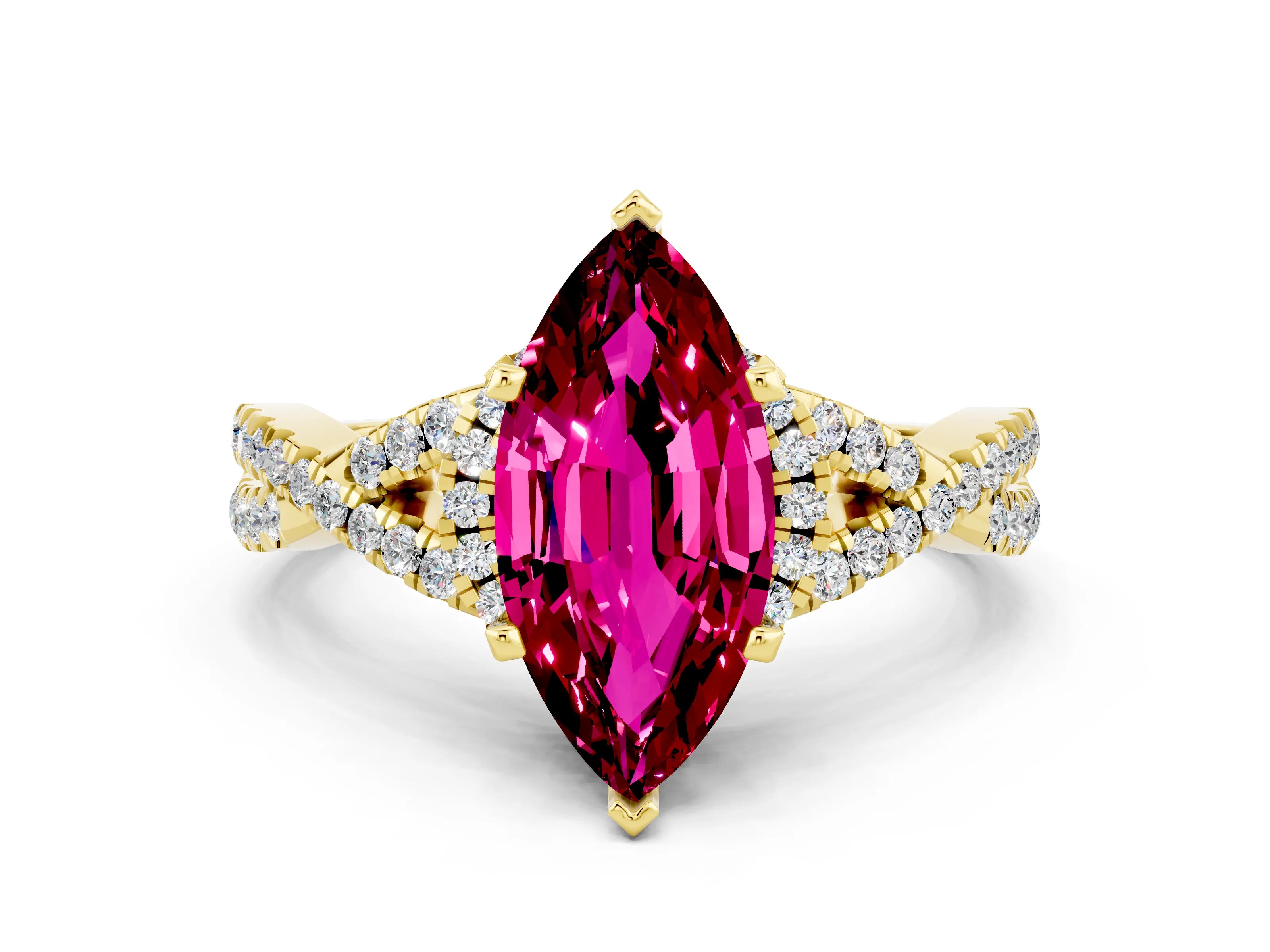 Yellow gold Marquise Cut Garnet Halo Twist Band Solitaire Prong Setting Ring
