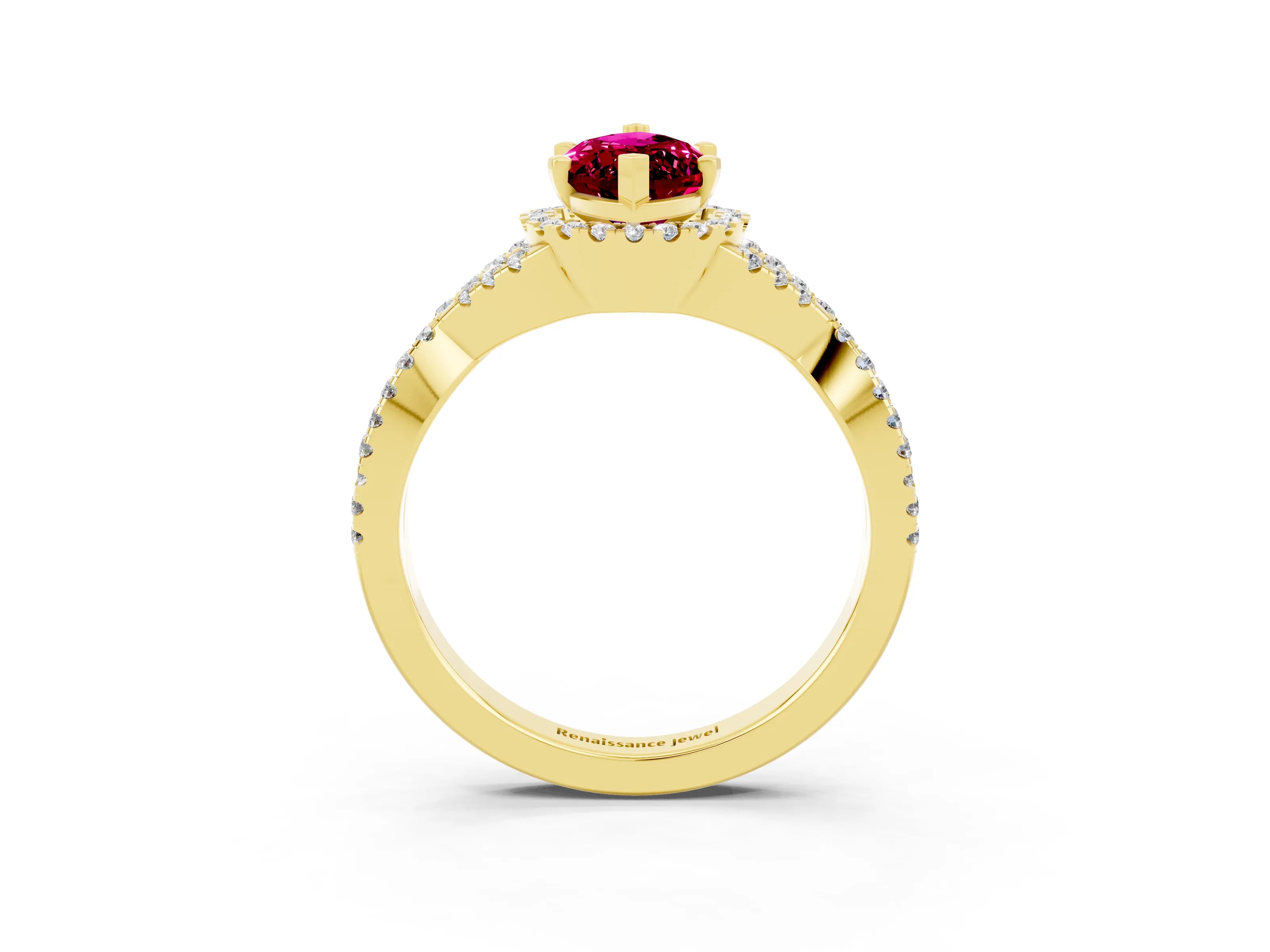 Yellow gold Marquise Cut Garnet Halo Twist Band Solitaire Prong Setting Ring_3