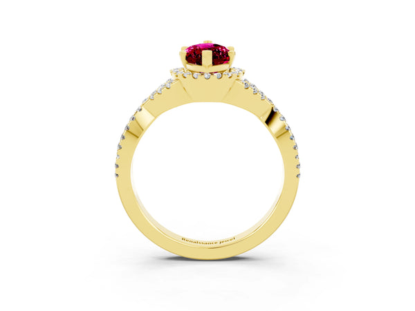 Yellow gold Marquise Cut Garnet  Halo Twist Band Solitaire Prong Setting Ring