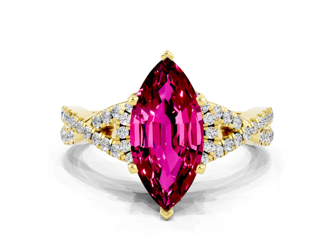 Yellow gold Marquise Cut Garnet  Halo Twist Band Solitaire Prong Setting Ring_42