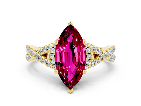 Yellow gold Marquise Cut Garnet Halo Twist Band Solitaire Prong Setting Ring