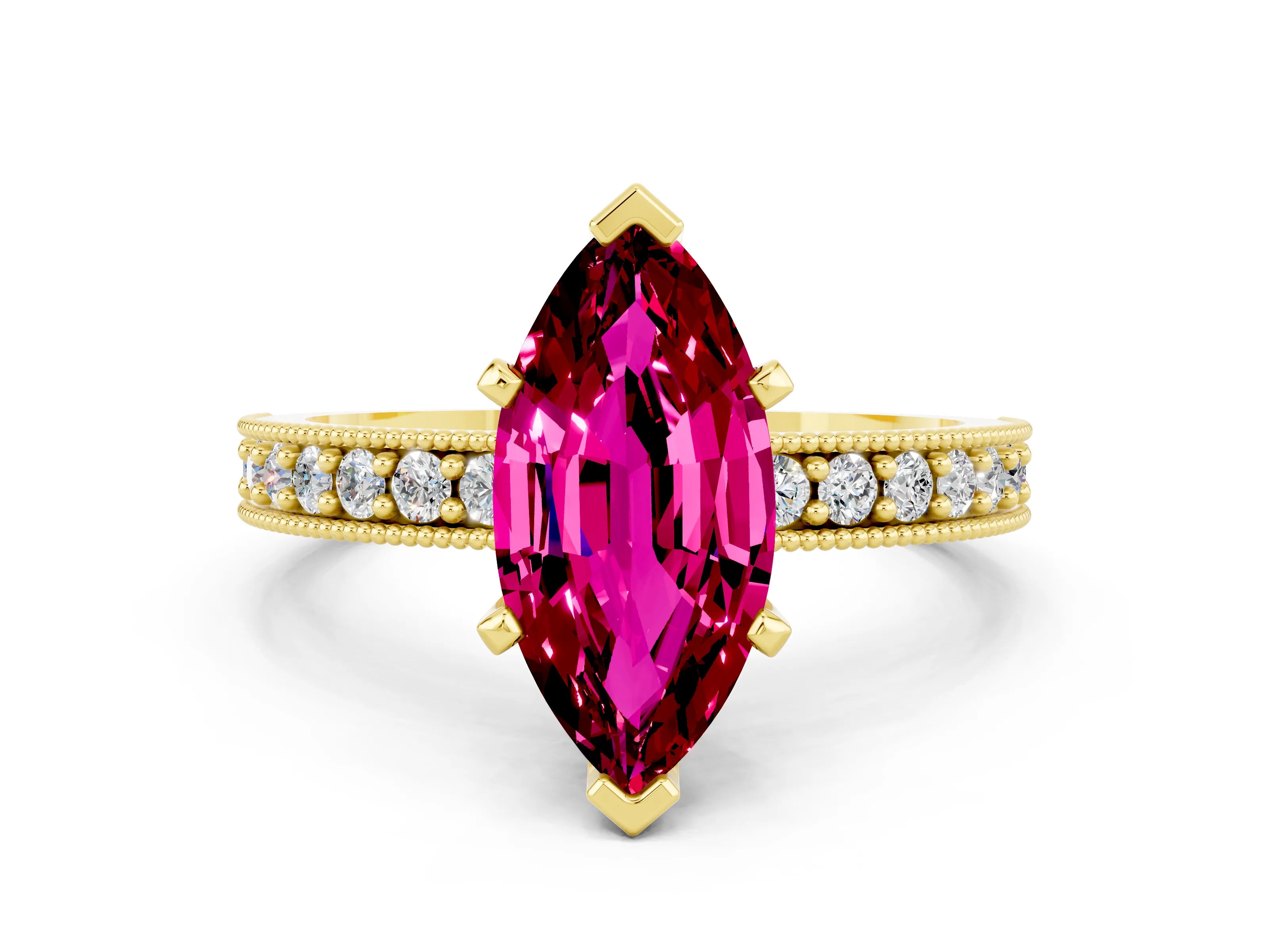 Yellow gold Marquise Cut Garnet Milgrain Pavé Engagement Ring with Four-Prong Setting
