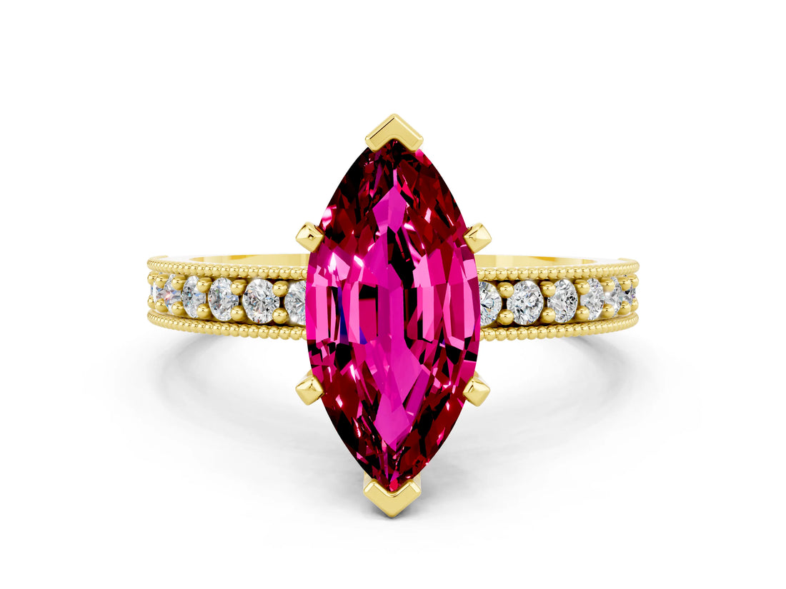 Yellow gold Marquise Cut Garnet Milgrain Pavé Engagement Ring with Four-Prong Setting