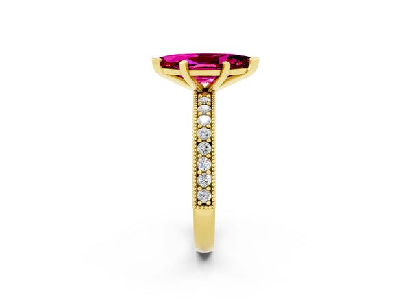 Yellow gold Marquise Cut Garnet Milgrain Pavé Engagement Ring with Four-Prong Setting