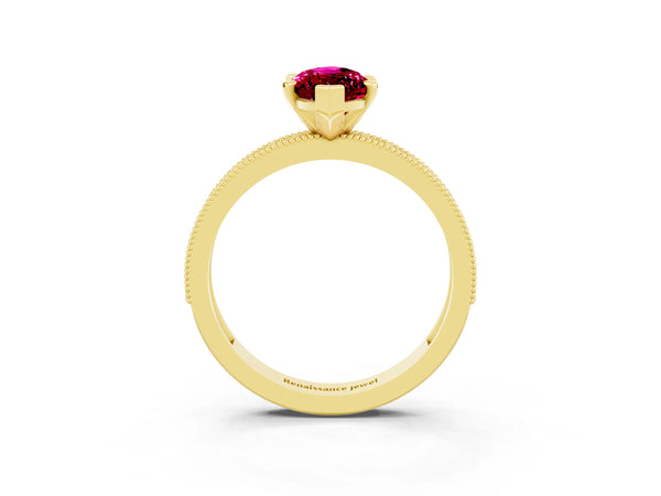 Yellow gold Marquise Cut Garnet Milgrain Pavé Engagement Ring with Four-Prong Setting