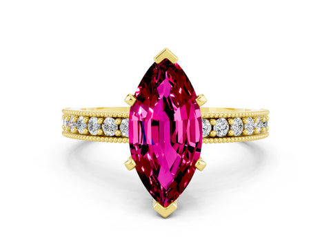Yellow gold Marquise Cut Garnet Milgrain Pavé Engagement Ring with Four-Prong Setting
