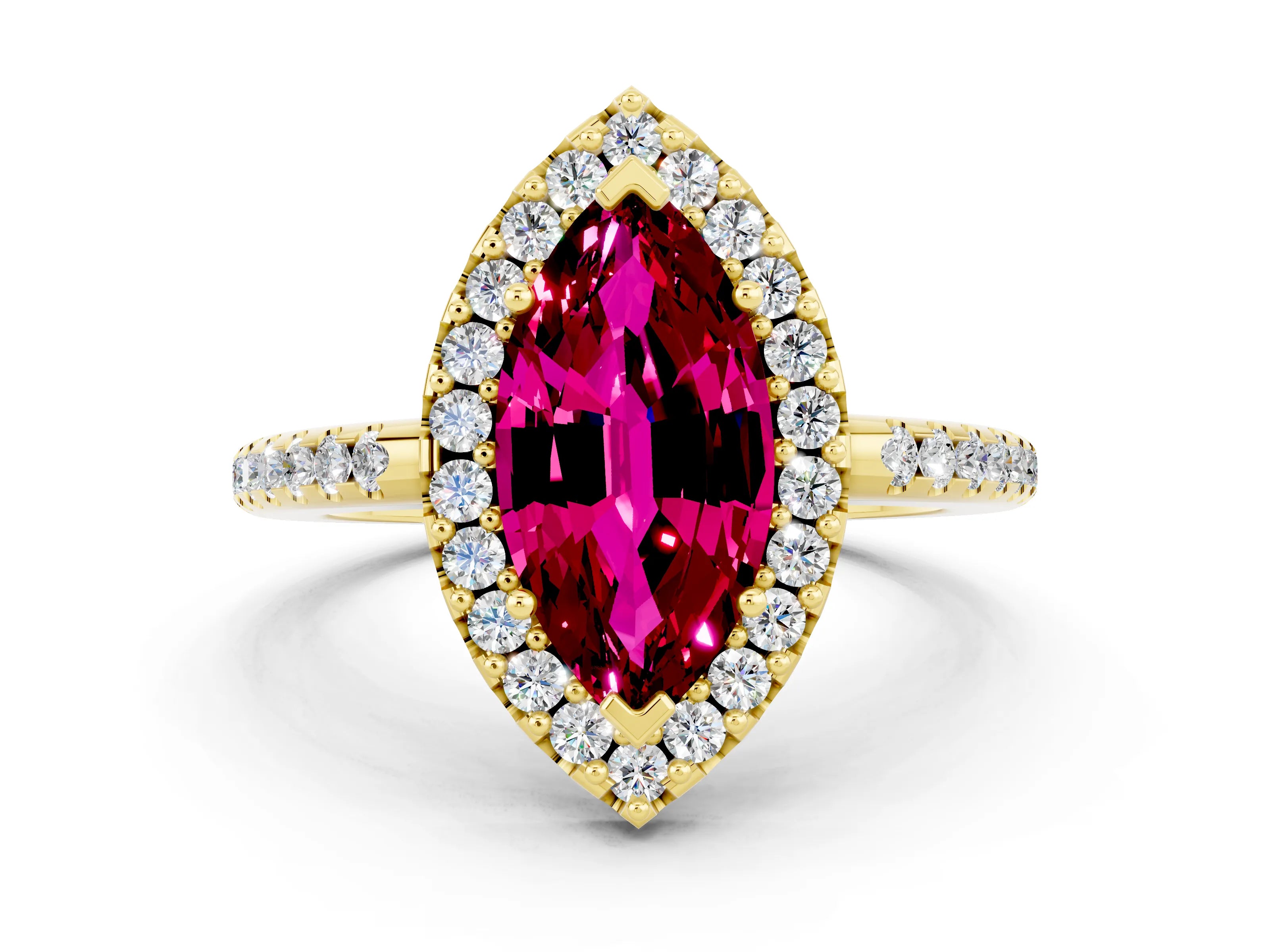 Yellow gold Marquise Cut Garnet Pavé Halo Ring with Four-Prong Setting_12