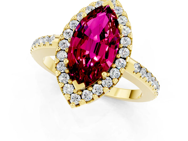 Yellow gold Marquise Cut Garnet Pavé Halo Ring with Four-Prong Setting