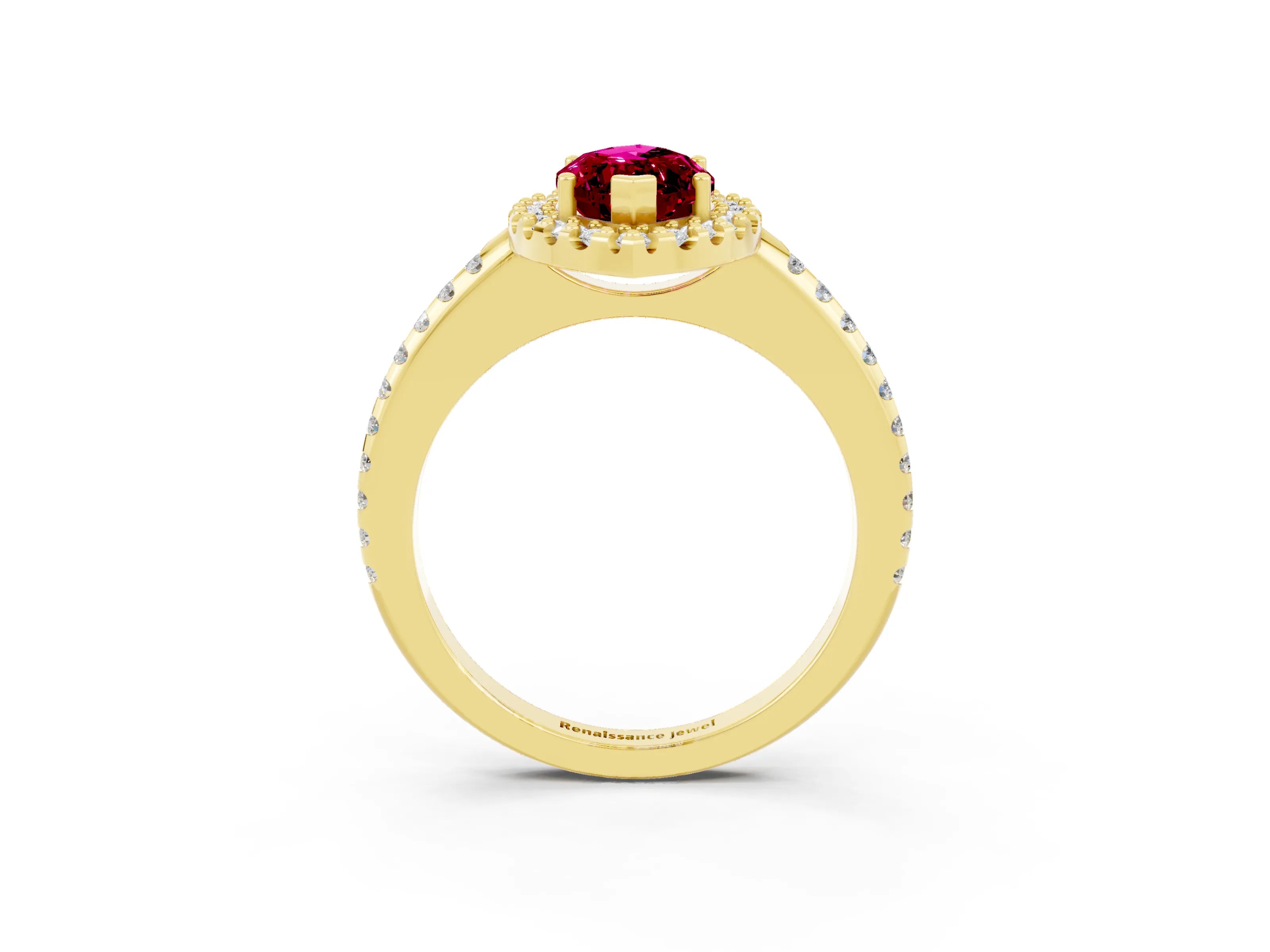 Yellow gold Marquise Cut Garnet Pavé Halo Ring with Four-Prong Setting_15
