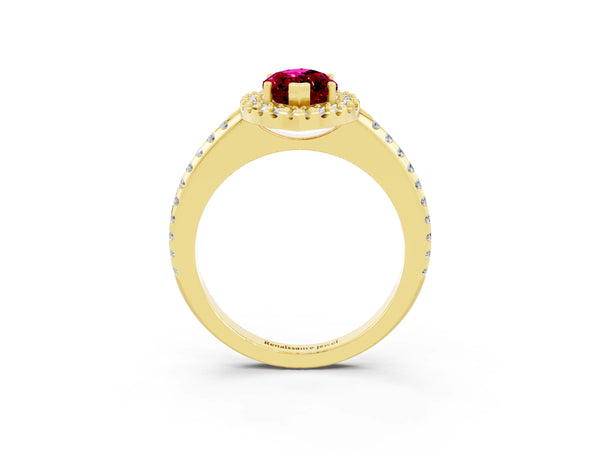 Yellow gold Marquise Cut Garnet Pavé Halo Ring with Four-Prong Setting