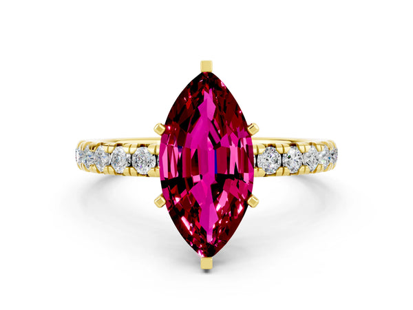 Yellow gold Marquise Cut Garnet Pavé Solitaire Ring with Round Band and Prong Setting