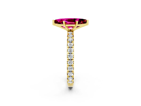 Yellow gold Marquise Cut Garnet Pavé Solitaire Ring with Round Band and Prong Setting