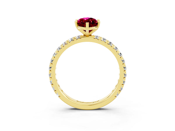 Yellow gold Marquise Cut Garnet Pavé Solitaire Ring with Round Band and Prong Setting