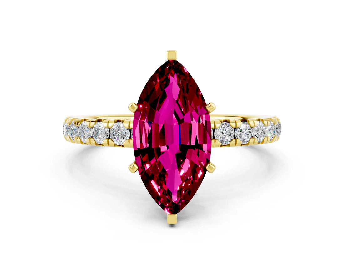 Yellow gold Marquise Cut Garnet Pavé Solitaire Ring with Round Band and Prong Setting_24