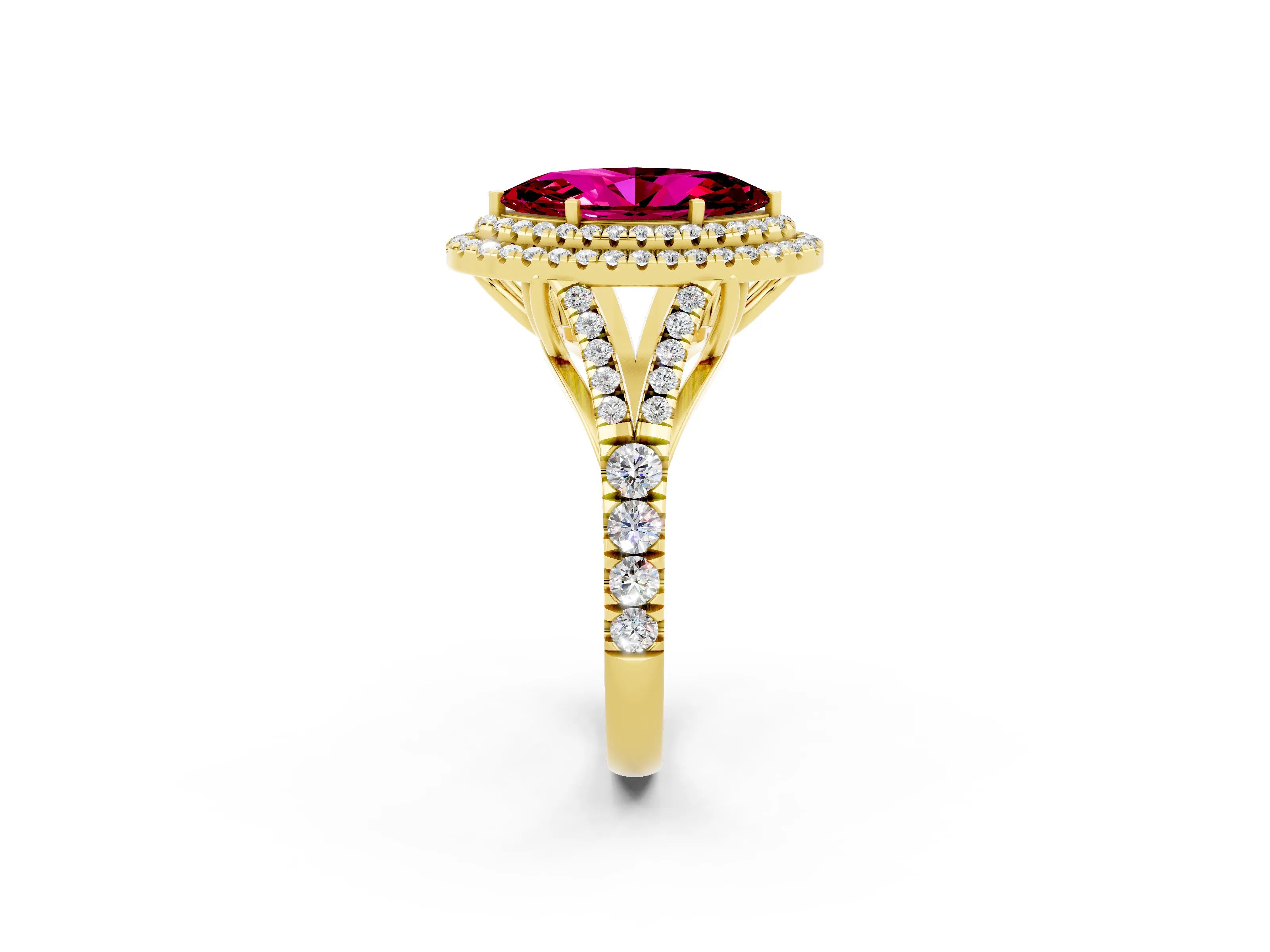 Yellow gold Marquise Cut Garnet Pavé Split Shank Double Halo Engagement Ring_2