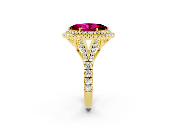 Yellow gold Marquise Cut Garnet Pavé Split Shank Double Halo Engagement Ring
