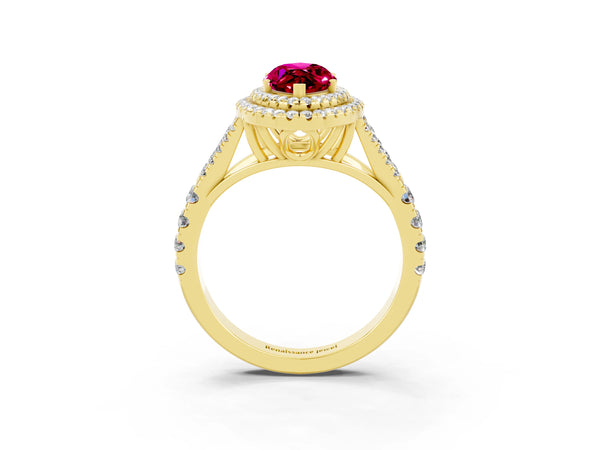 Yellow gold Marquise Cut Garnet Pavé Split Shank Double Halo Engagement Ring