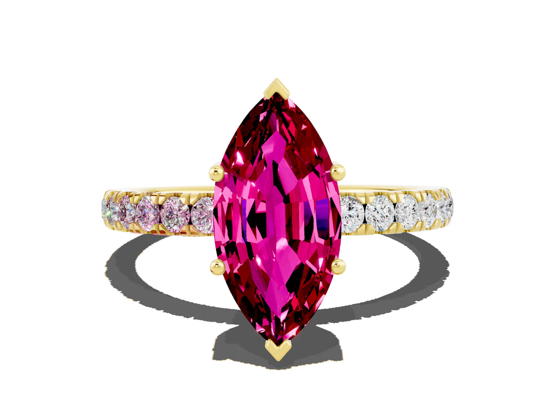 Yellow gold Marquise Cut Garnet Pave Band Solitaire Ring with Four-Prong Setting_24