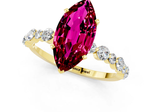 Yellow gold Marquise Cut Garnet Prong Set Engagement Ring with Pavé Band_1