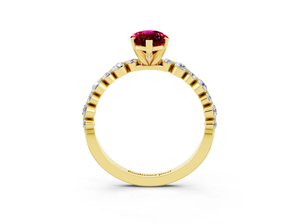 Yellow gold Marquise Cut Garnet Prong Set Engagement Ring with Pavé Band
