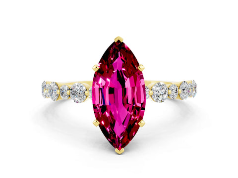 Yellow gold Marquise Cut Garnet Prong Set Engagement Ring with Pavé Band