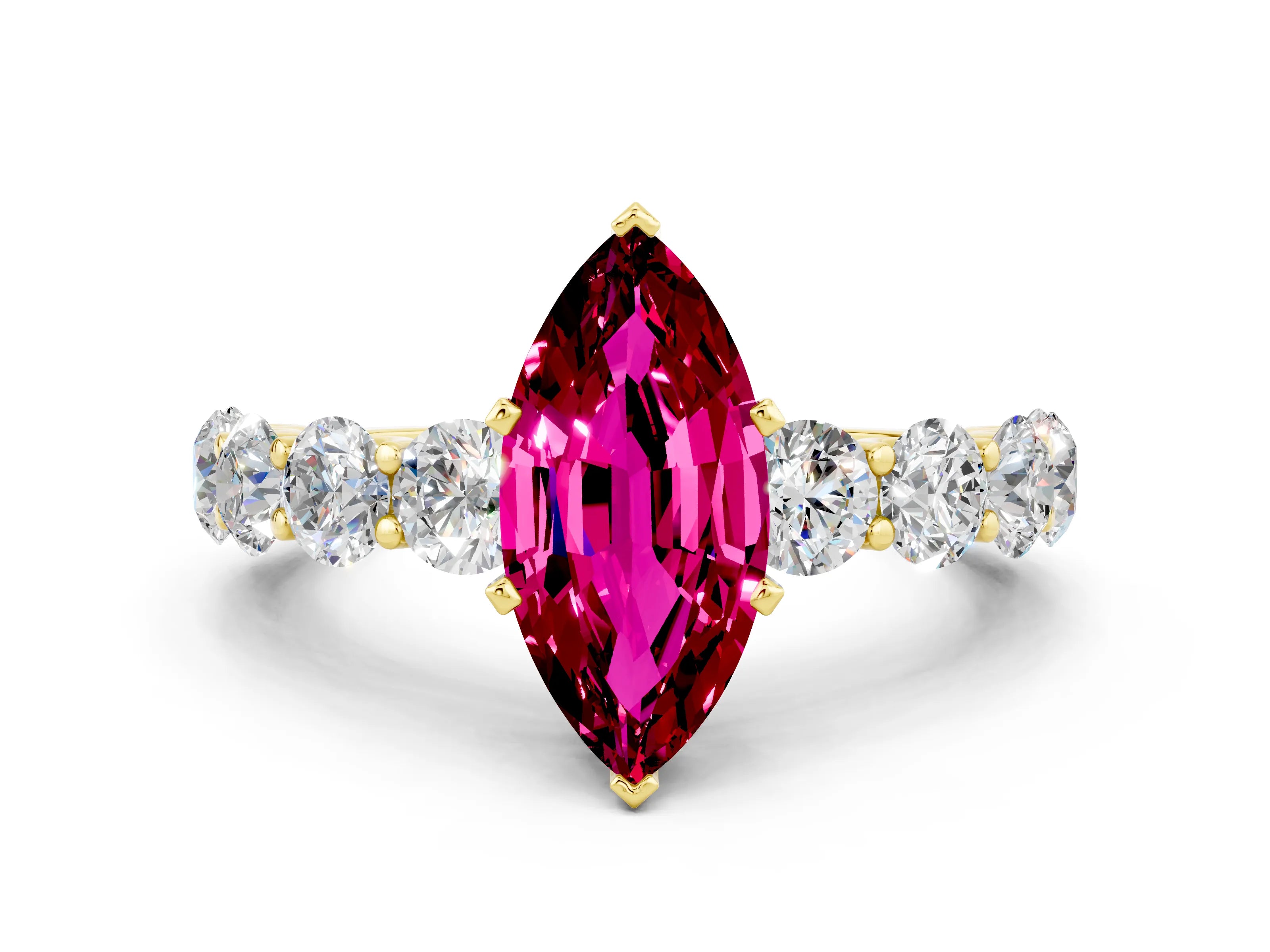 Yellow gold Marquise Cut Garnet Prong Setting with Side Stones on a Pave Band