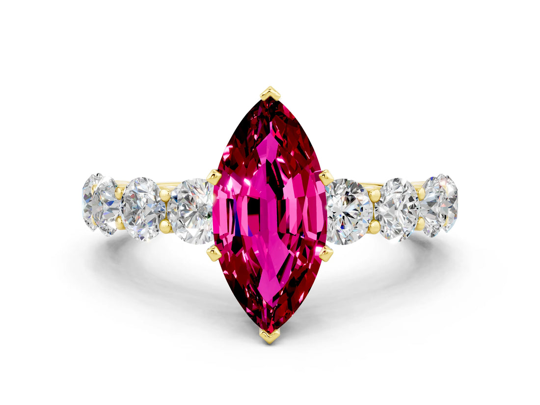 Yellow gold Marquise Cut Garnet Prong Setting with Side Stones on a Pave Band