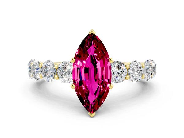 Yellow gold Marquise Cut Garnet Prong Setting with Side Stones on a Pave Band