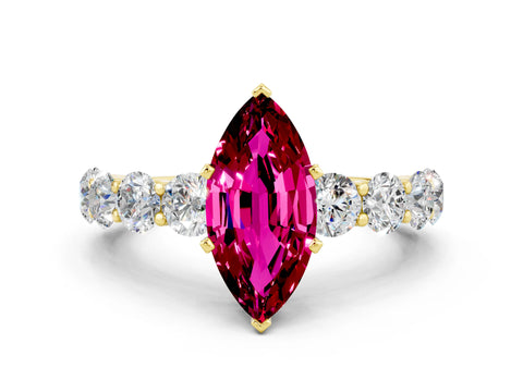 Yellow gold Marquise Cut Garnet Prong Setting with Side Stones on a Pave Band