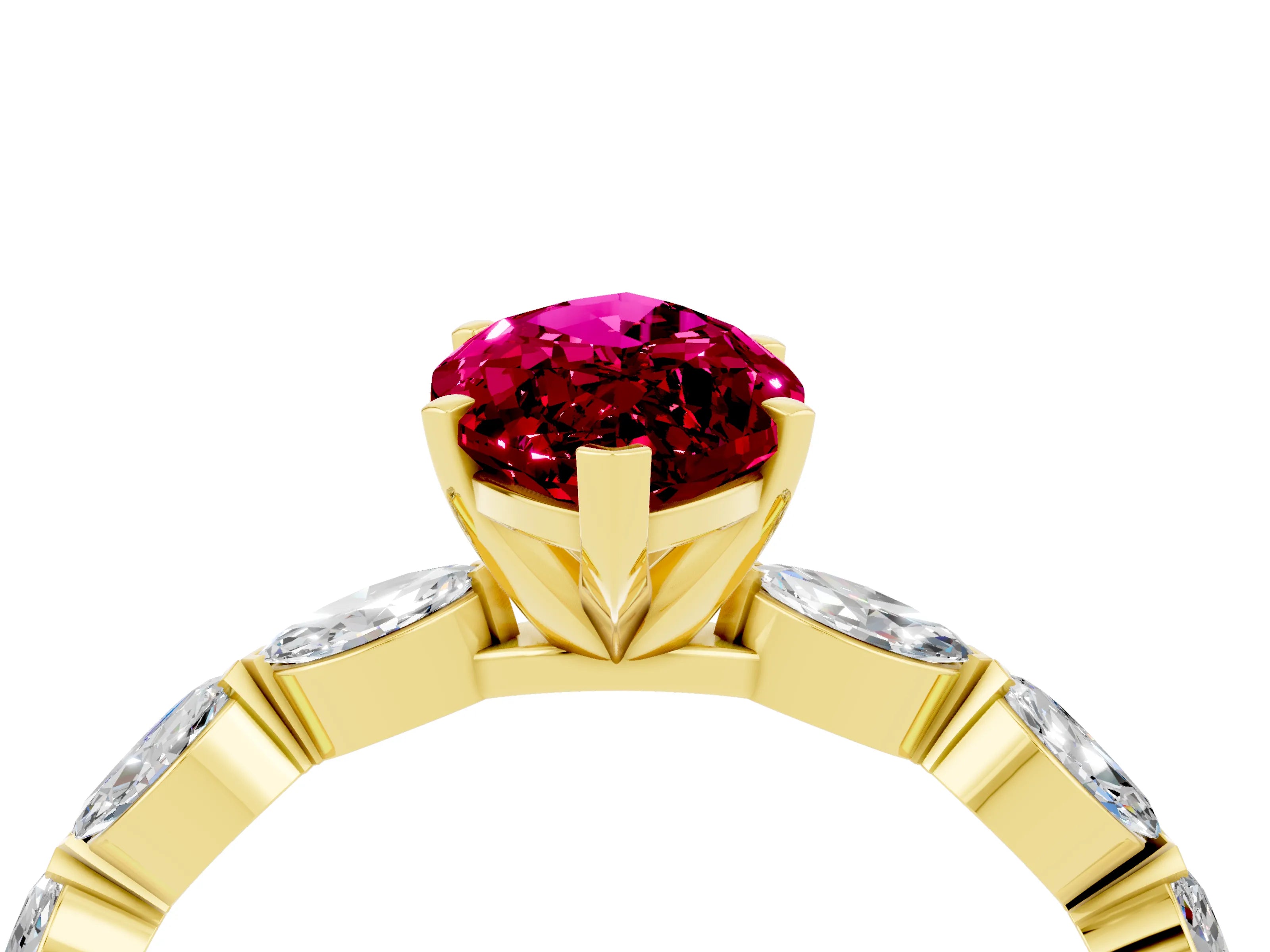 Yellow gold Marquise Cut Garnet Ring with Marquise Side Stones and Prong Setting_4