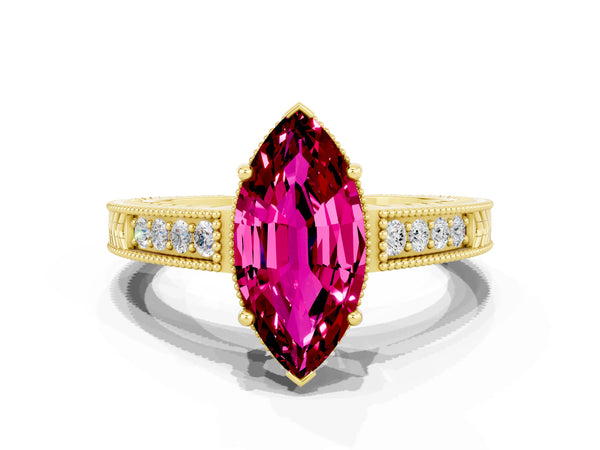 Yellow gold Marquise Cut Garnet Ring with Milgrain Pavé Band and Four-Prong Setting