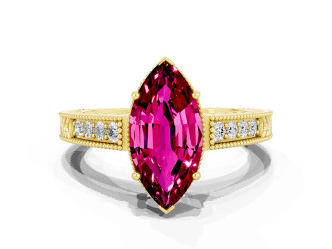 Yellow gold Marquise Cut Garnet Ring with Milgrain Pavé Band and Four-Prong Setting_12