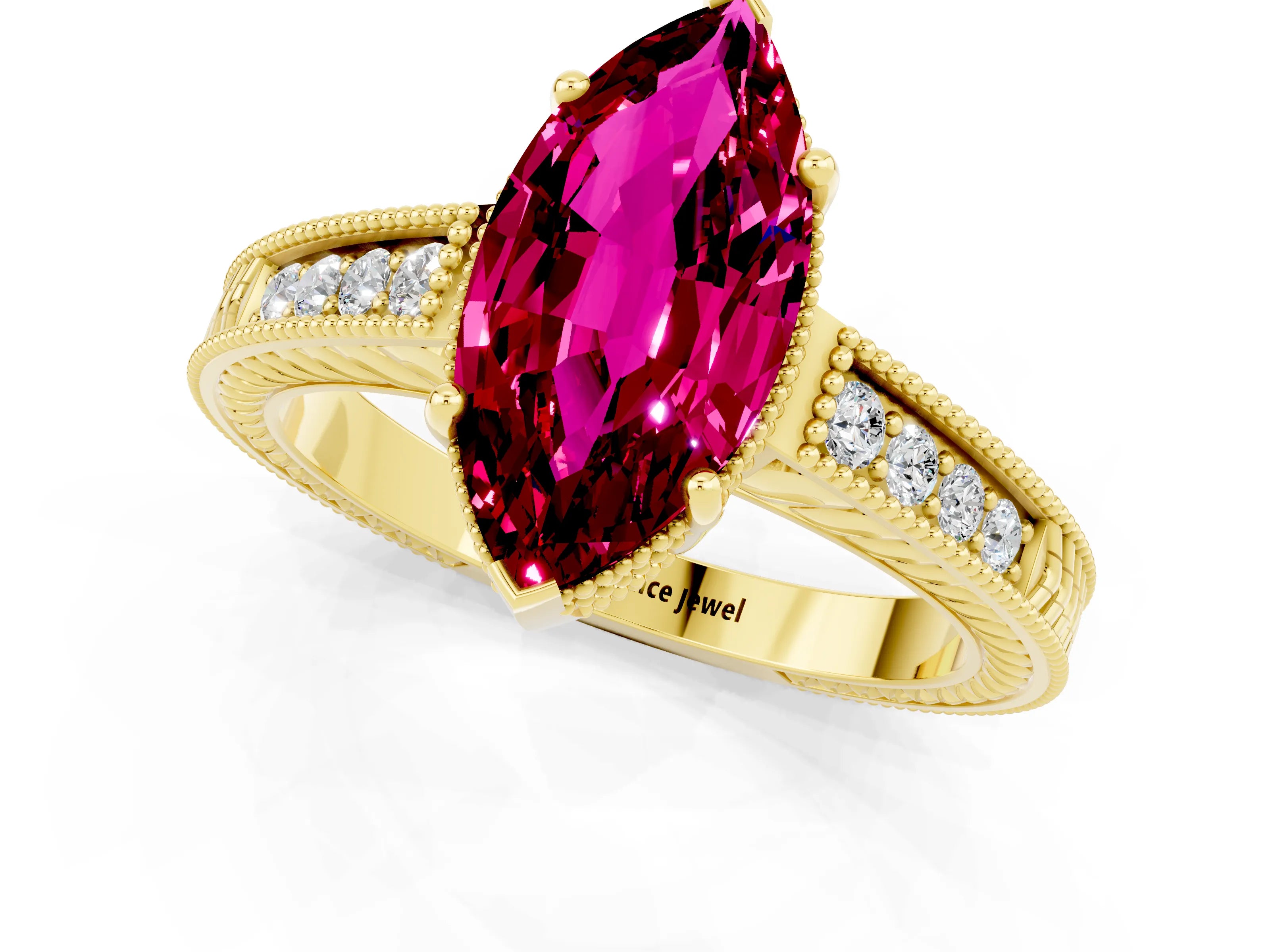 Yellow gold Marquise Cut Garnet Ring with Milgrain Pavé Band and Four-Prong Setting_13
