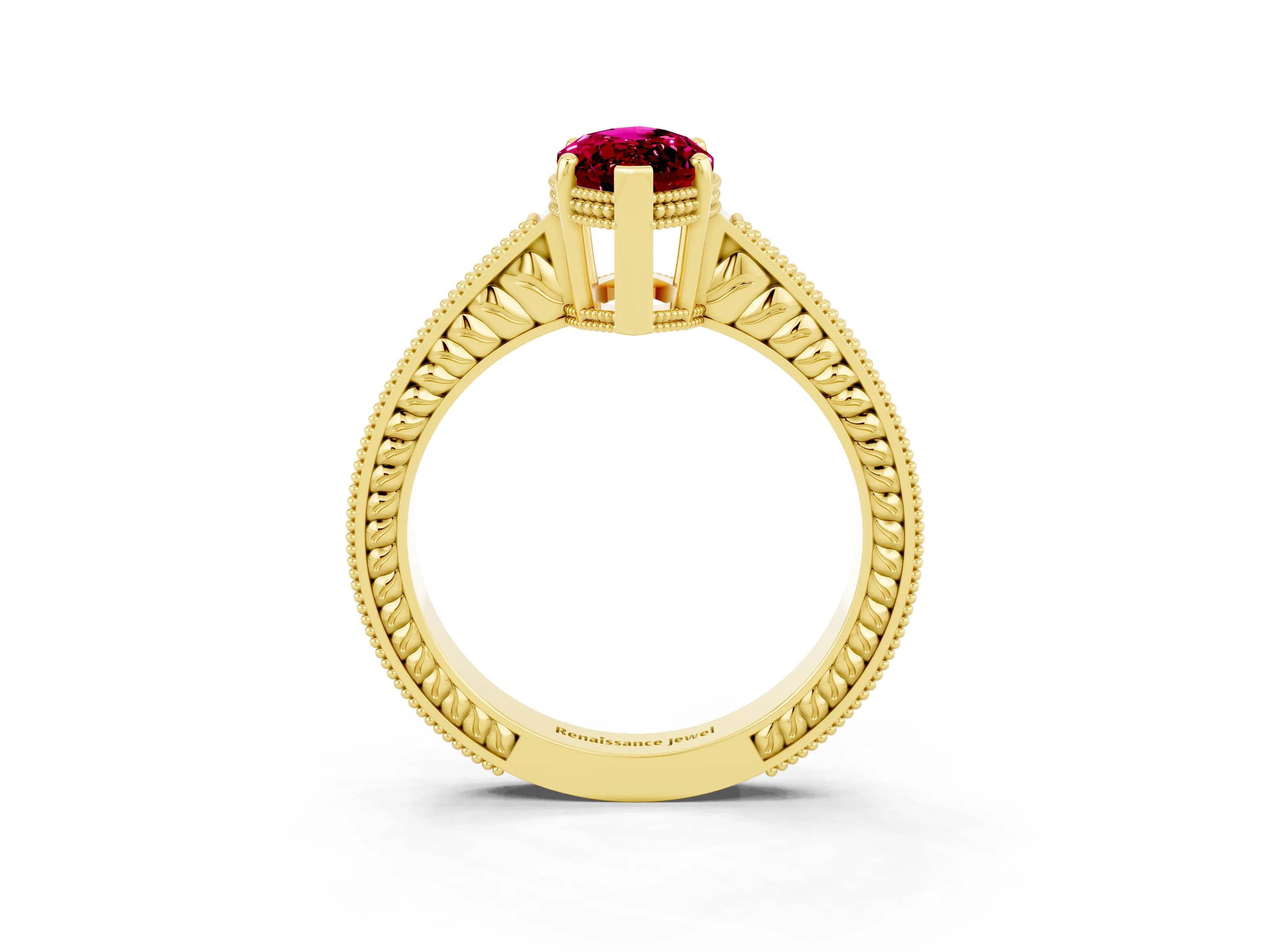 Yellow gold Marquise Cut Garnet Ring with Milgrain Pavé Band and Four-Prong Setting_15