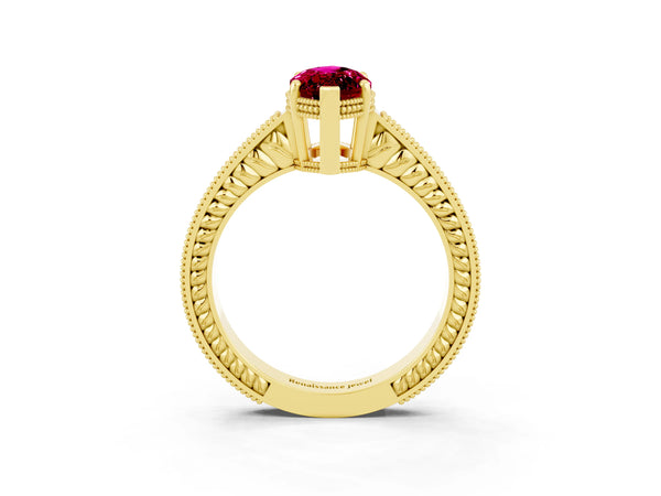 Yellow gold Marquise Cut Garnet Ring with Milgrain Pavé Band and Four-Prong Setting
