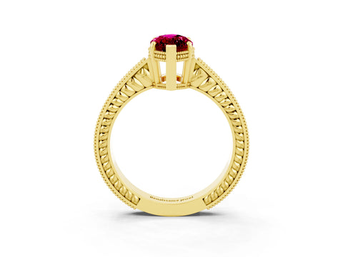 Yellow gold Marquise Cut Garnet Ring with Milgrain Pavé Band and Four-Prong Setting_15